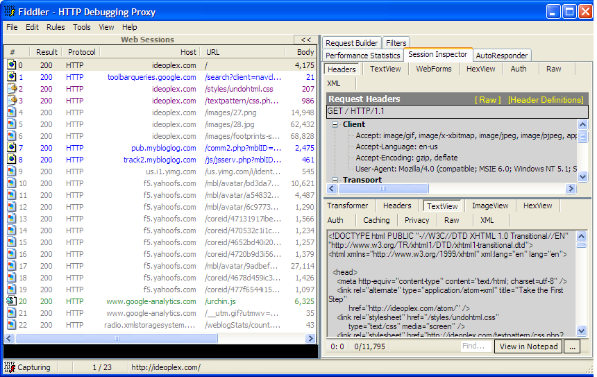 Fiddler debugging proxy examining browser traffic